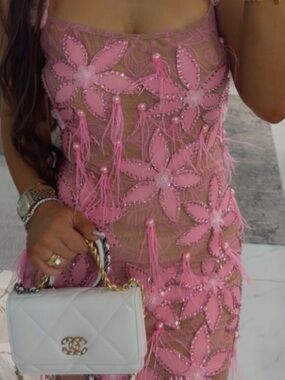 Embellished Pink Floral Mini Dress with Tassel Details